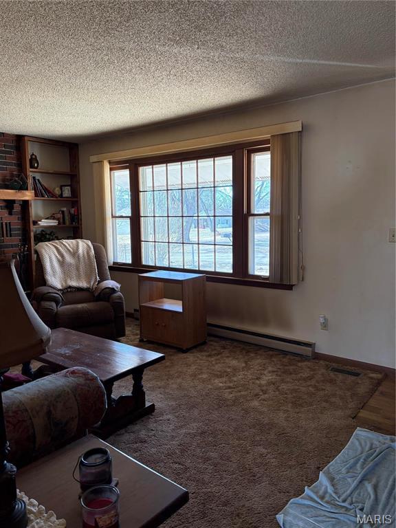 10019 Seabourne St, Belgrade, MO 63622 - living room with baseboard heating, a textured ceiling, and carpet flooring