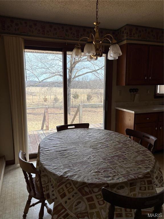 10019 Seabourne St, Belgrade, MO 63622 - dining space featuring a chandelier and a textured ceiling