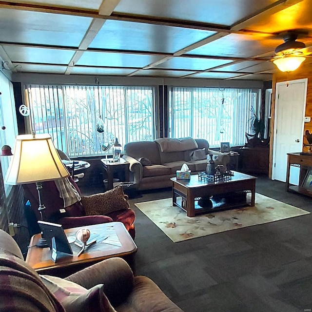 2106 Lackland Rd, Saint Louis, MO 63114 - living area featuring coffered ceiling and ceiling fan