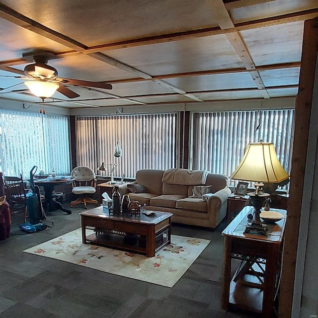 2106 Lackland Rd, Saint Louis, MO 63114 - living area with coffered ceiling, a ceiling fan, and beamed ceiling