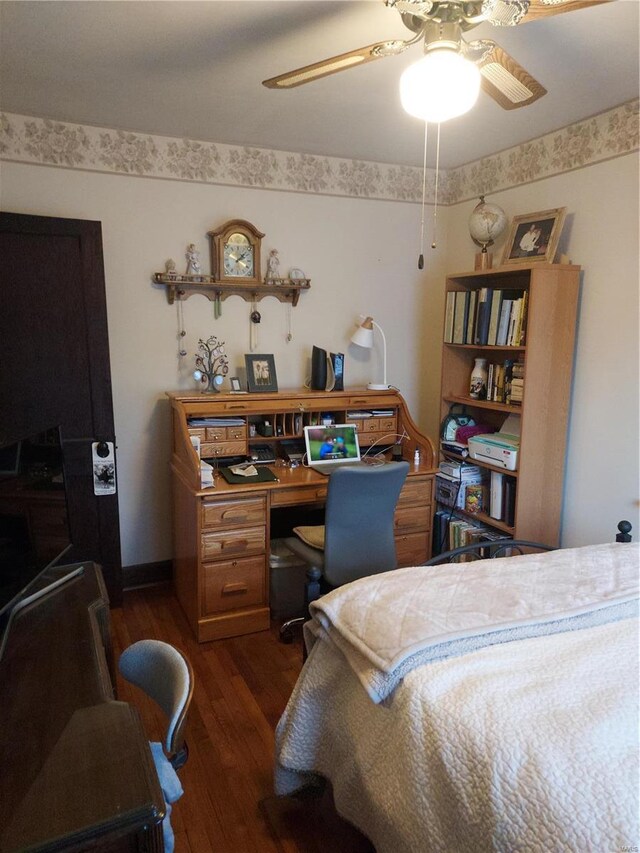 2106 Lackland Rd, Saint Louis, MO 63114 - bedroom with a desk, dark wood-type flooring, and ceiling fan
