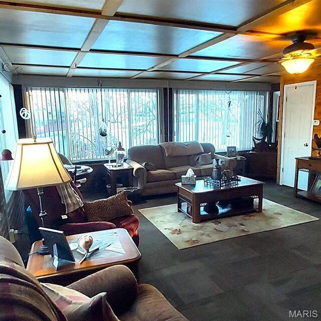 2106 Lackland Rd, Saint Louis, MO 63114 - living area featuring coffered ceiling and ceiling fan