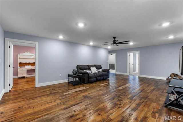 284 Ridge Rd, Oak Ridge, MO 63769 - living room with a ceiling fan, dark wood-style floors, recessed lighting, and baseboards