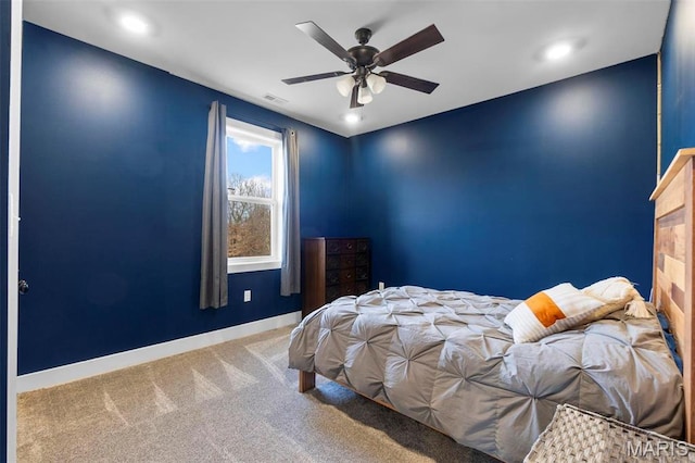 284 Ridge Rd, Oak Ridge, MO 63769 - bedroom featuring carpet flooring, baseboards, a ceiling fan, and recessed lighting