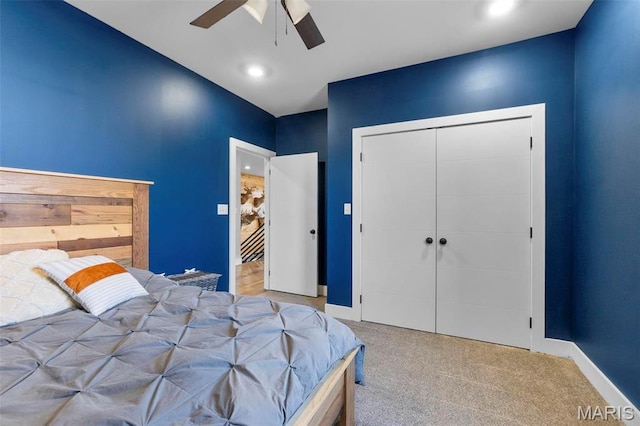 284 Ridge Rd, Oak Ridge, MO 63769 - carpeted bedroom featuring a closet, a ceiling fan, recessed lighting, and baseboards