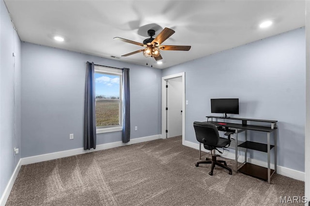 284 Ridge Rd, Oak Ridge, MO 63769 - carpeted home office with a ceiling fan, baseboards, and recessed lighting