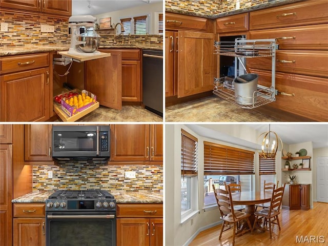 kitchen with range with gas stovetop, tasteful backsplash, and brown cabinetry