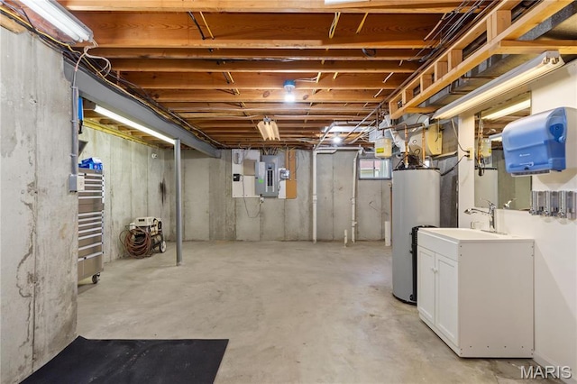 unfinished below grade area with water heater and electric panel