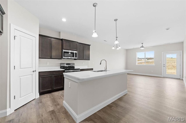 887 Walter Way, Washington, MO 63090 - kitchen with appliances with stainless steel finishes, a sink, light wood finished floors, dark brown cabinetry, and baseboards