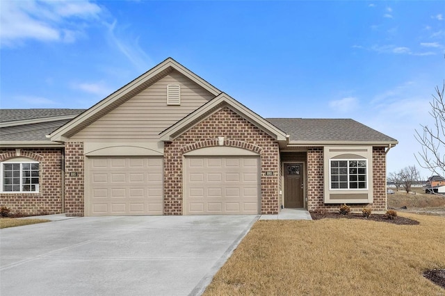ranch-style home featuring brick siding, a garage, concrete driveway, and roof with shingles