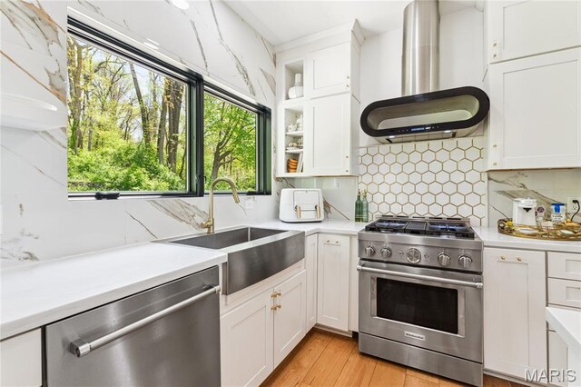 2510 N 89th St, Caseyville, IL 62232 - kitchen with stainless steel appliances, ventilation hood, a sink, light countertops, and white cabinetry