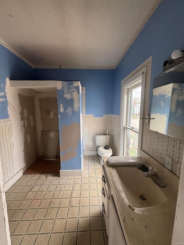 1809 Chestnut St, Hannibal, MO 63401 - bathroom featuring a textured ceiling, ornamental molding, vanity, wainscoting, and tile patterned floors