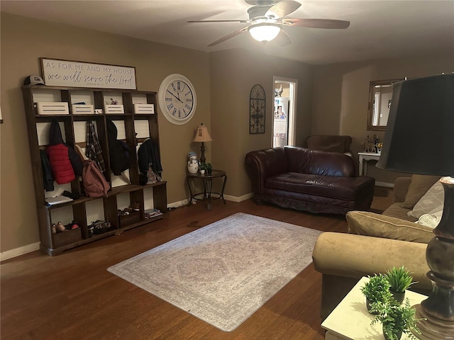 128 Pine St, Ironton, MO 63650 - living room featuring ceiling fan, wood finished floors, and baseboards