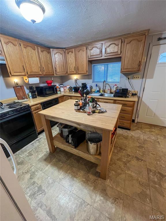 13 Jo Ab Ln, Williamsville, MO 63967 - kitchen with electric range, a textured ceiling, black microwave, open shelves, and brown cabinetry