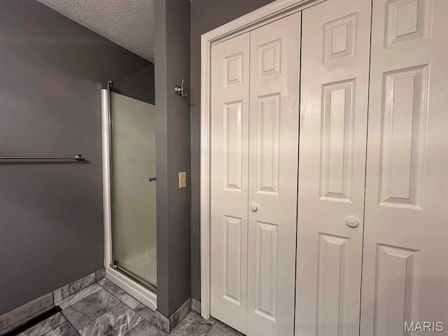 17264 Cedar Hills Dr, Dexter, MO 63841 - full bathroom featuring baseboards, a shower stall, a closet, a textured ceiling, and marble finish flooring