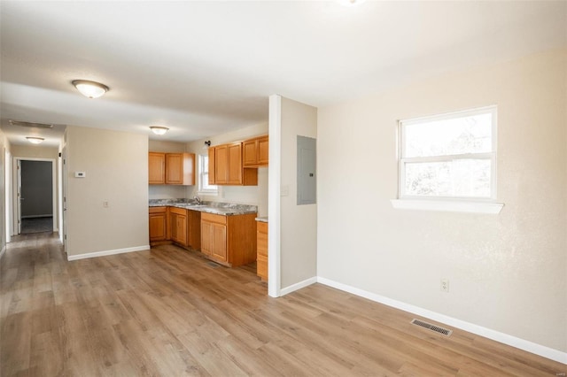 20 W Broadway, Ellsinore, MO 63937 - kitchen featuring baseboards, electric panel, light countertops, light wood-style floors, and a sink