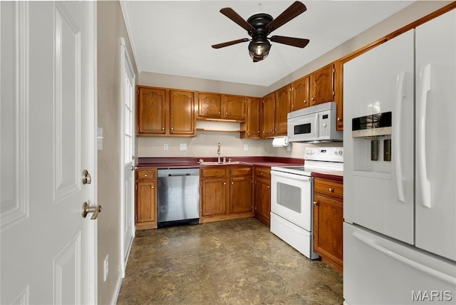 4012 Sunny Brook Dr, Arnold, MO 63010 - kitchen featuring white appliances, brown cabinets, and a ceiling fan