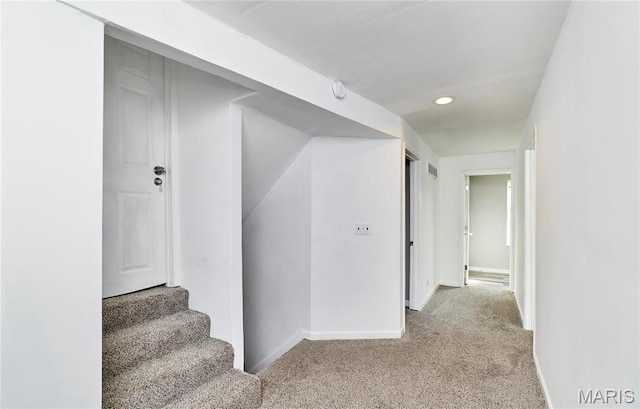2922 S Compton Ave, Saint Louis, MO 63118 - corridor featuring carpet floors, baseboards, stairway, and recessed lighting