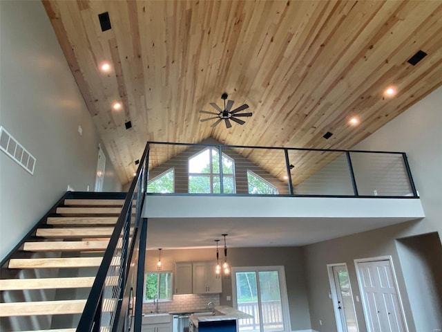 0 Nellies Rdg, Dow, IL 62022 - unfurnished living room featuring high vaulted ceiling, a sink, wooden ceiling, ceiling fan, and recessed lighting