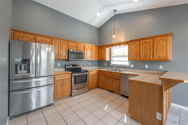 16855 Lemming Ln, Saint Robert, MO 65584 - kitchen with stainless steel appliances, high vaulted ceiling, a peninsula, a sink, and light countertops