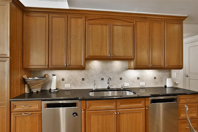 155 Carondelet Plz Unit 600, Saint Louis, MO 63105 - kitchen featuring dishwasher, a sink, brown cabinets, and decorative backsplash
