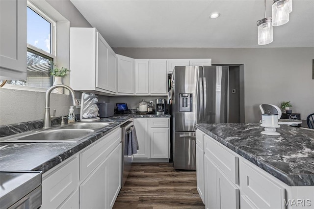 419 Murrill St, Bonne Terre, MO 63628 - kitchen featuring a sink, stainless steel appliances, white cabinetry, dark wood-type flooring, and recessed lighting