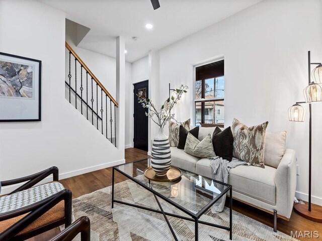 6634 Chamberlain Ave, University City, MO 63130 - living room featuring baseboards, wood finished floors, stairs, recessed lighting, and ceiling fan