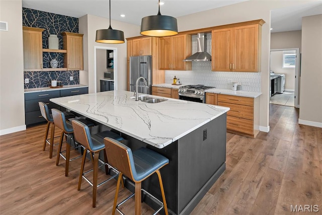 3837 Tanzanite Trl, Edwardsville, IL 62025 - kitchen featuring wall chimney range hood, stainless steel appliances, open shelves, a sink, and a kitchen island with sink