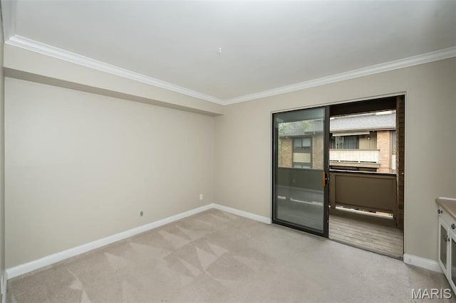 spare room featuring crown molding, baseboards, and light colored carpet