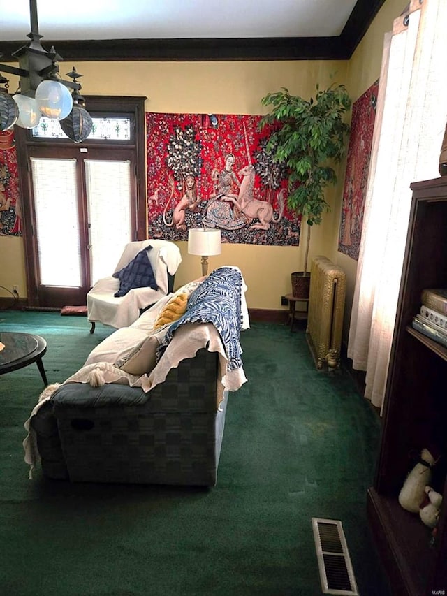 carpeted living area with radiator heating unit