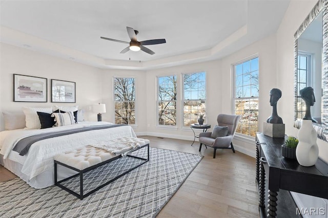 bedroom featuring a tray ceiling, wood finished floors, baseboards, and ceiling fan
