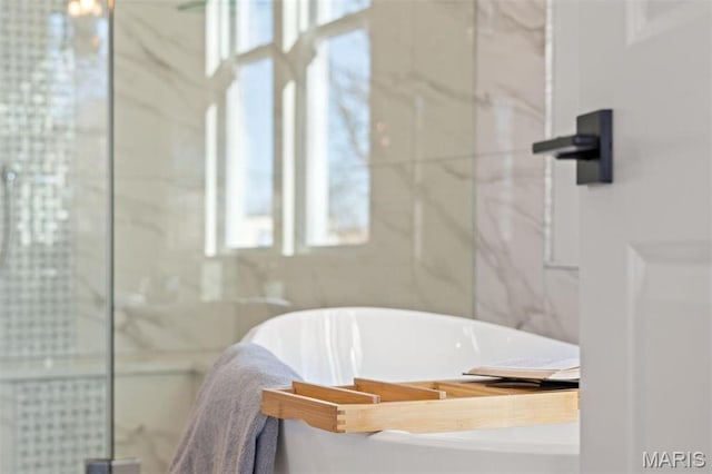 bathroom with a freestanding bath and a stall shower
