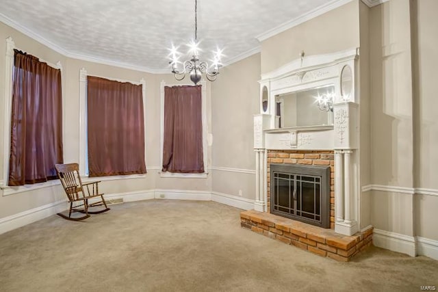 unfurnished room featuring carpet flooring, a chandelier, a brick fireplace, and baseboards