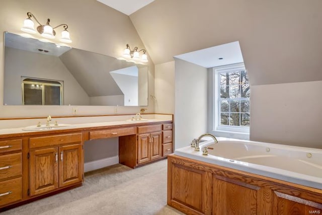 bathroom featuring vaulted ceiling, double vanity, and a garden tub