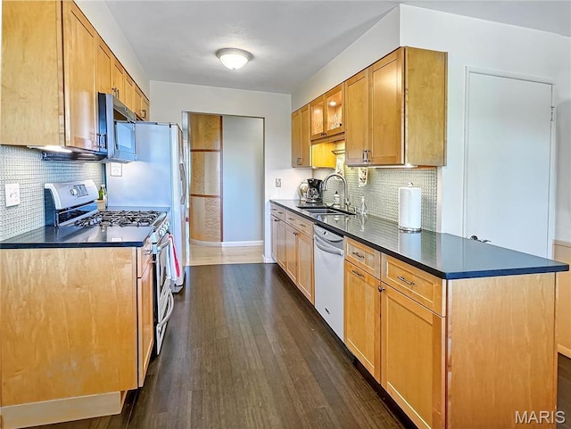501 4th St W, Hermann, MO 65041 - kitchen featuring appliances with stainless steel finishes, a sink, dark countertops, dark wood-type flooring, and backsplash