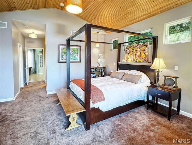 501 4th St W, Hermann, MO 65041 - bedroom featuring wood ceiling, carpet floors, vaulted ceiling, multiple windows, and baseboards