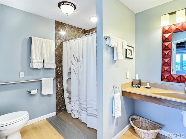 501 4th St W, Hermann, MO 65041 - bathroom featuring a sink, toilet, wood finished floors, a shower with curtain, and baseboards