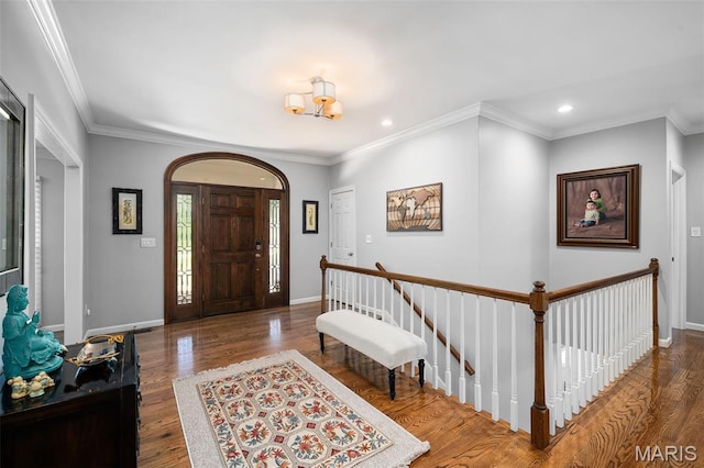 29 Spoede Ln, Creve Coeur, MO 63141 - foyer entrance featuring wood finished floors, recessed lighting, a chandelier, and crown molding