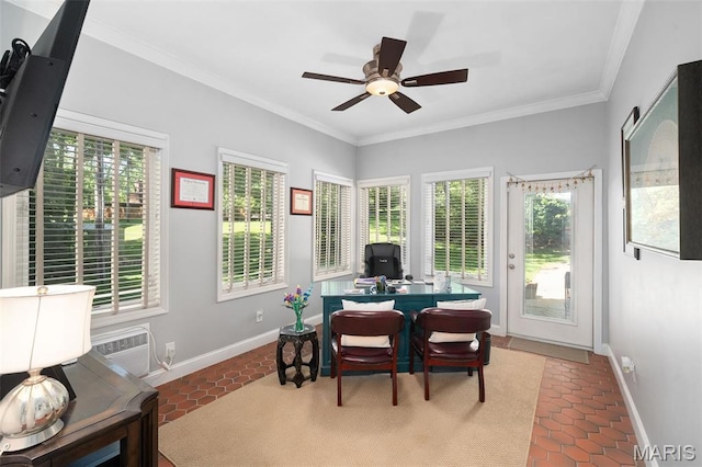 29 Spoede Ln, Creve Coeur, MO 63141 - dining room featuring tile patterned floors, healthy amount of natural light, an office area, and crown molding