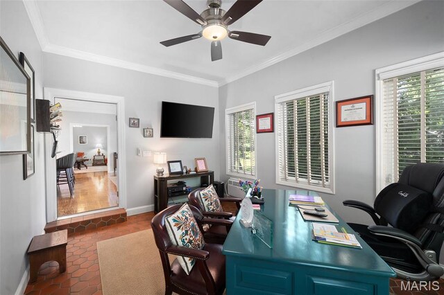29 Spoede Ln, Creve Coeur, MO 63141 - tiled office space with ceiling fan and crown molding