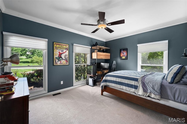 29 Spoede Ln, Creve Coeur, MO 63141 - bedroom with multiple windows, ornamental molding, carpet flooring, and a ceiling fan