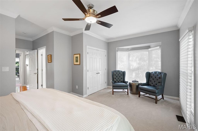 29 Spoede Ln, Creve Coeur, MO 63141 - bedroom with multiple windows, carpet flooring, ornamental molding, a ceiling fan, and a closet