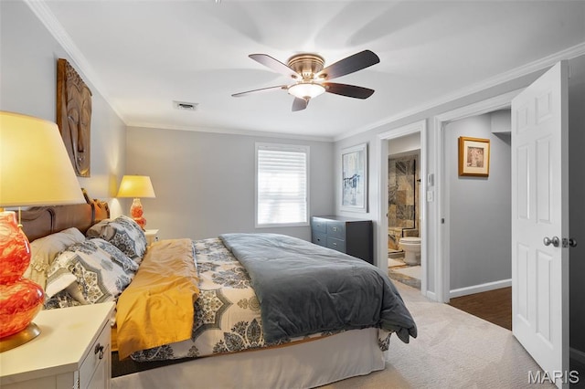 29 Spoede Ln, Creve Coeur, MO 63141 - bedroom with ornamental molding, carpet flooring, connected bathroom, and a ceiling fan