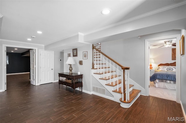 29 Spoede Ln, Creve Coeur, MO 63141 - stairway with wood finished floors, ornamental molding, recessed lighting, and a ceiling fan