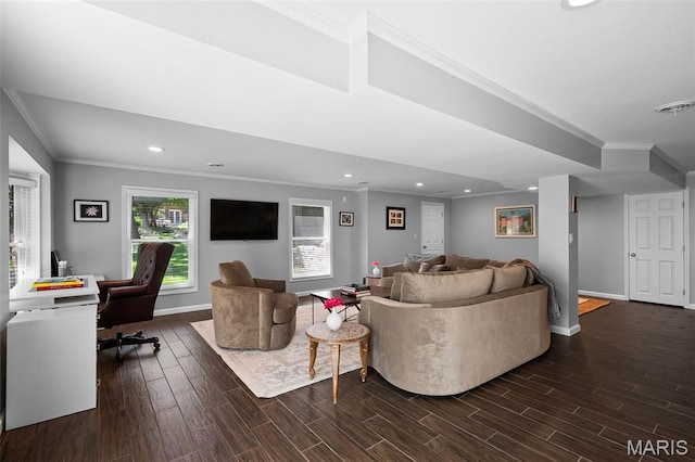29 Spoede Ln, Creve Coeur, MO 63141 - living room featuring crown molding, dark wood-style floors, recessed lighting, and an office area