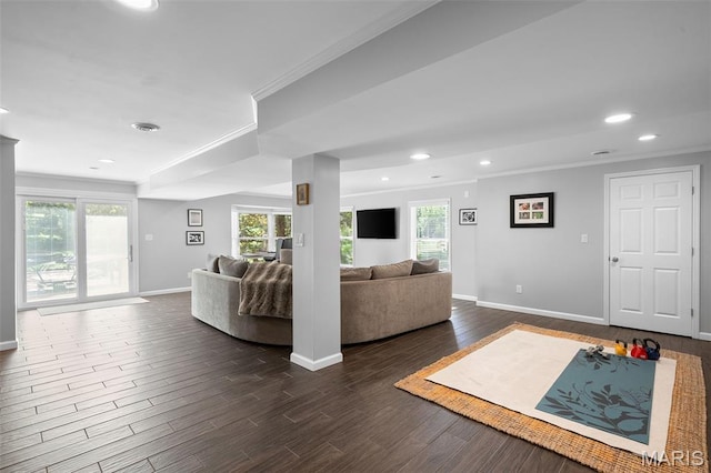29 Spoede Ln, Creve Coeur, MO 63141 - living area featuring crown molding, healthy amount of natural light, recessed lighting, and dark wood finished floors