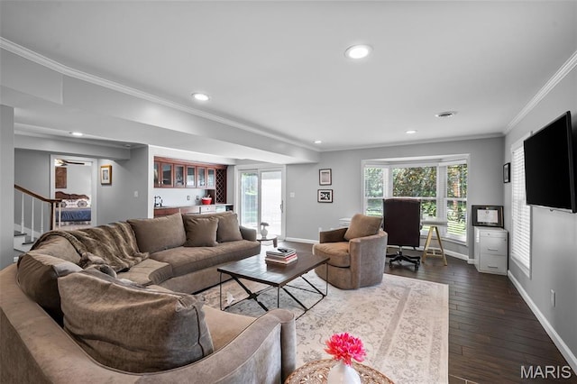 29 Spoede Ln, Creve Coeur, MO 63141 - living room with recessed lighting, wet bar, crown molding, stairs, and dark wood-style floors