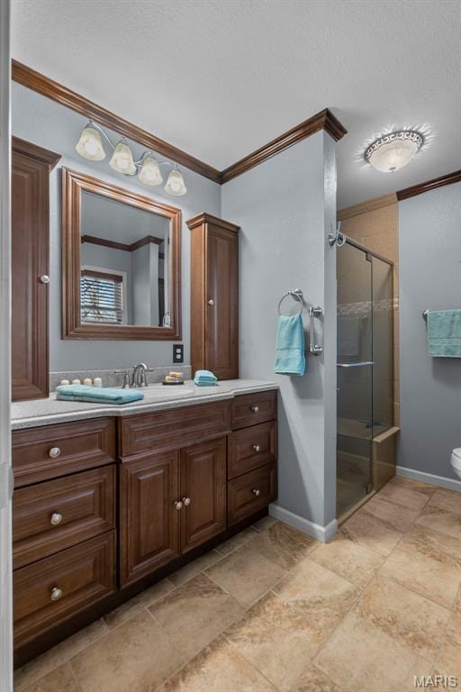 732 Woodridge Ln, Perryville, MO 63775 - bathroom with crown molding, vanity, a shower stall, toilet, and baseboards
