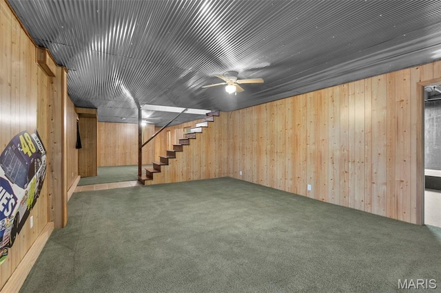 732 Woodridge Ln, Perryville, MO 63775 - finished basement with carpet, wood walls, stairs, and ceiling fan