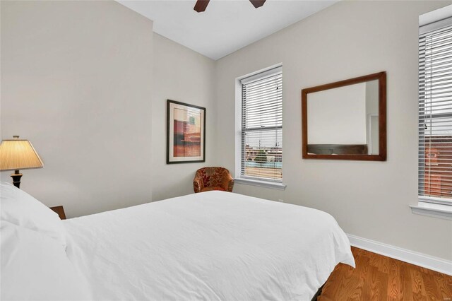 4125 Chouteau Ave, Saint Louis, MO 63110 - bedroom featuring wood finished floors, multiple windows, baseboards, and ceiling fan